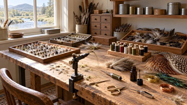 Fly tying bench with a half finished trout fly in the vise hackle capes feathers thread spools and tools