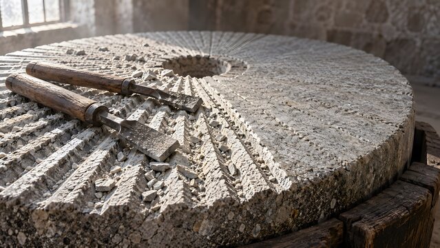 Millstone dressing workshop close up of a grey millstone with freshly cut furrows mill bills and stone chips