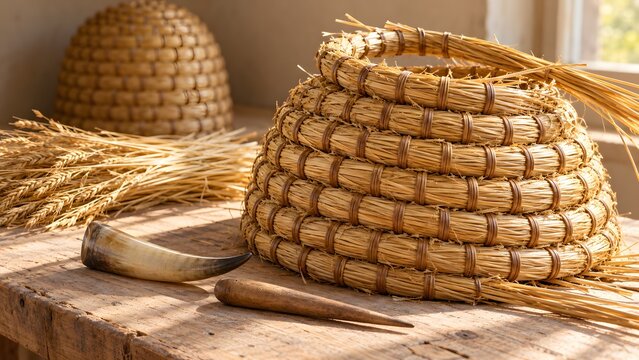 Straw bee skep workshop close up of a half coiled rye straw skep bound with split cane and a horn gauge