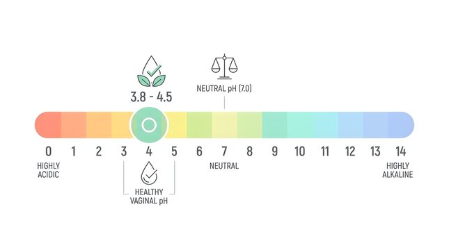 pH level scale vector infographic illustrating healthy vaginal pH balance and acidity values.