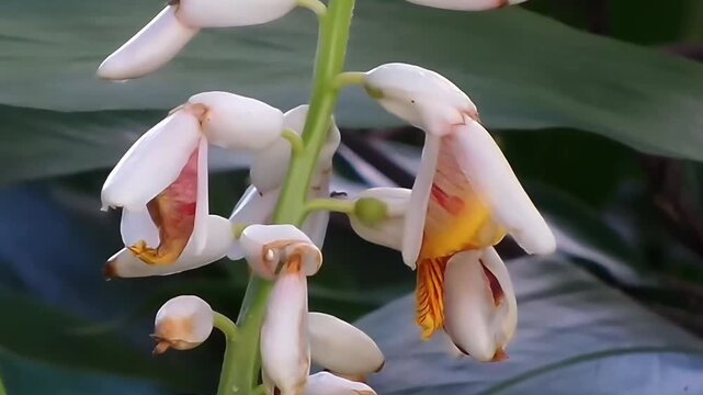 A close-up shot capturing the stunning white and orange blossoms of Cardamom Ginger, also known as False Cardamom (Scientific name: Alpinia mutica). The video features a smooth pan right shot.