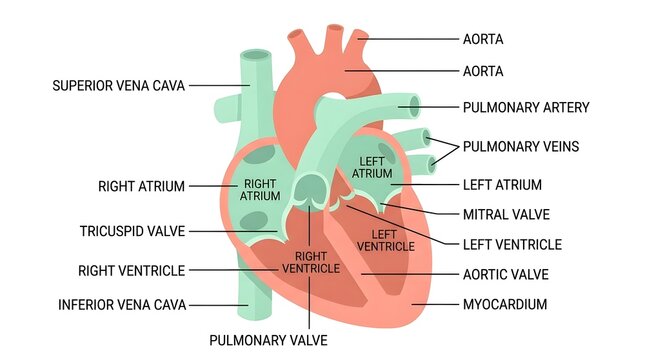 Detailed Diagram of Human Heart Anatomy Showing Internal Chambers and Valves.