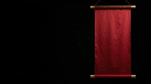 Red traditional hanging scroll banner on dark background