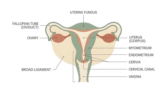 Anatomical Diagram of the Female Reproductive System with Detailed Labels.
