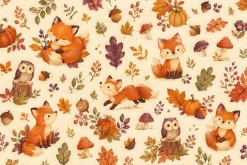 Fototapeta premium Watercolor woodland animals amid autumn leaves, pumpkins, mushrooms