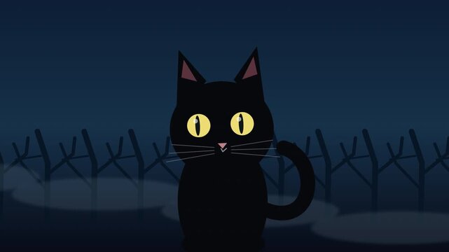 Halloween black cat animation loop in a spooky dark night forest