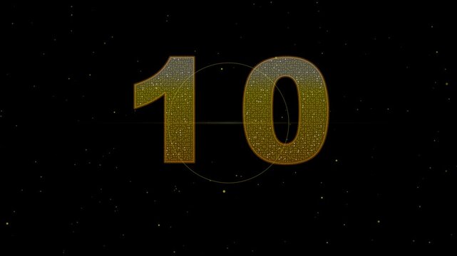 Golden countdown timer with glowing particles on black background