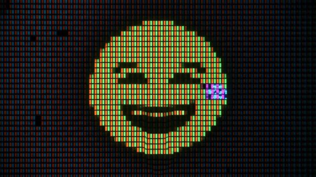 Animated yellow pixelated laughing emoji face rendered on a retro CRT display pixel grid background. Suitable for social media reaction clips, retro digital messaging promos, funny gaming animations, 
