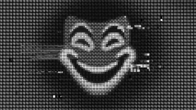 Animated white pixelated sinister smiling mask face on a retro CRT display pixel grid background. Perfect for cyber crime documentaries, hacker anonymity explainers, creepy digital persona videos, dar