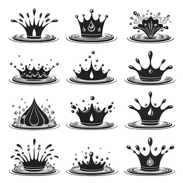 Twelve water splash shaped like crowns with ripples and droplets in a black and white de