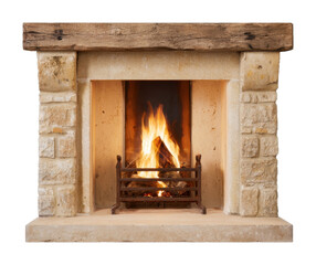 Fototapeta premium PNG Rustic stone fireplace with burning fire and wooden mantel