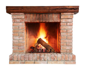 Fototapeta premium PNG Rustic brick fireplace with glowing fire and burning logs