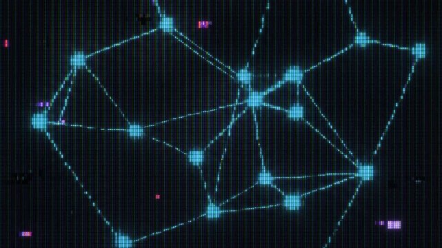 Animated blue abstract digital network mesh with connected nodes and glowing lines on a pixelated CRT screen display. Suitable for telecommunications presentations, cloud computing promos, IT infrastr