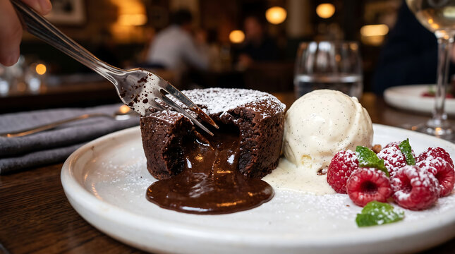 Delicious molten chocolate lava cake served with vanilla ice cream, fresh raspberries, and powdered sugar on a white plate in a cozy restaurant