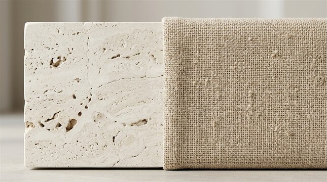 Architectural high-end material texture background of Italian porous travertine stone and unbleached coarse linen fabric with copy space