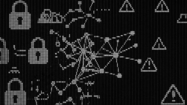 Abstract 2D vector HUD interface element showing a white monochrome data network diagram with connected nodes on a pixelated retro monitor screen texture over a black background. Perfect for corporate