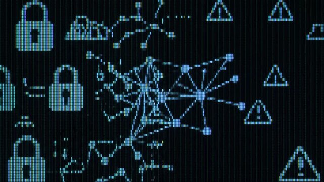 Abstract 2D vector HUD interface showing a blue global data network with interconnected nodes on a pixelated CRT monitor screen texture isolated over a black background. Ideal for cybersecurity promos