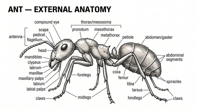 Educational diagram of ant external anatomy with labels