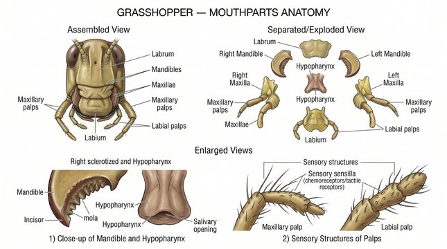 Educational diagram of grasshopper mouthparts anatomy