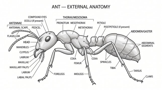 Scientific diagram of ant external anatomy with labels