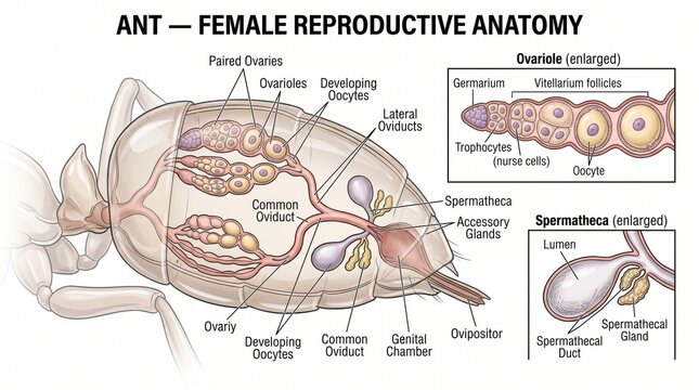 Educational diagram of female ant reproductive system anatomy
