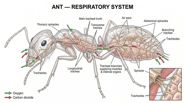Educational diagram of an ant respiratory system anatomy