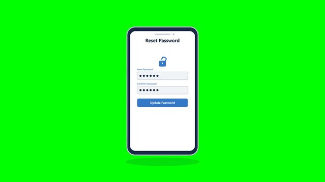 Professional 2D flat vector motion graphics animation of a smartphone password reset form, secure typing dots, unlock transition, button press, and blue success checkmark on solid green