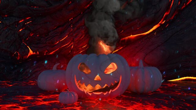 Spooky carved Halloween pumpkins burning inside fiery volcanic underworld video footage