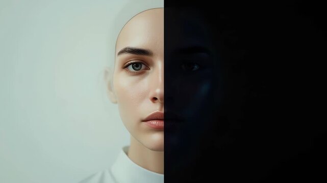 Portrait Woman Split Light Dark Face Showing Emotional Contrast and Inner Conflict