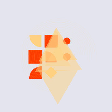 Abstract Geometric Composition Featuring Overlapping Shapes and Fine Circular Lines in Warm Orange and Yellow Tones on a Soft Light Grey Background Design