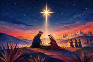 Fototapeta premium Nativity scene beneath brilliant Bethlehem star