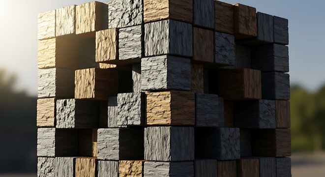 Abstract cube structure made of wooden blocks with varying rough and smooth textures geometric structure wood texture stacked cubes minimalist design