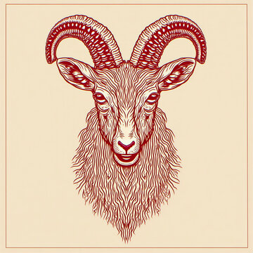 Detailed illustration of a ram's head with horns on a beige background