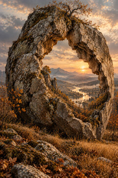 Natural Rock Arch Framing Mountain Lake at Golden Sunset
