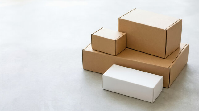 段ボールのパッケージ箱と白い箱、配送箱のモックアップ 