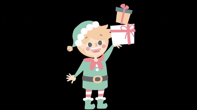 merry christmas and happy new year with cute little elf dwarf and gift box, overlay transparent prores 4444 4K