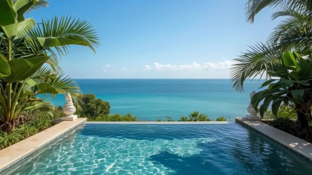 Infinity Pool Overlooking Tropical Ocean Horizon with Clear Blue Sky and Palm Trees
