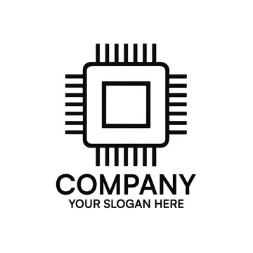 Minimalist flat vector icon design of a digital computer processor unit featuring clean bold lines perfect for modern technology branding and corporate identity projects and applications