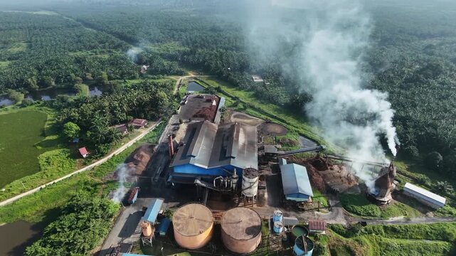 a crude palm oil extraction factory set amidst a massive tropical estate forest, featuring storage tanks and ponds under an overcast sky.