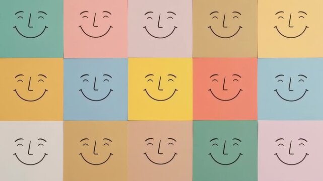 Smiling Face Colorful Square Abstract Pattern Hand Drawn Line Art Cheerful Expression