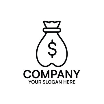 Minimalist vector logo design featuring a simple money bag icon with a dollar currency symbol isolated on white background for financial banking investment and business branding
