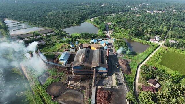 aerial perspective of a sprawling palm oil processing plant surrounded by endless green palm trees fields. Industrial agricultural landscape and biomass energy production.