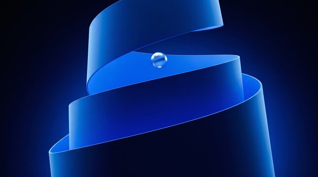 Abstract 3D Blue Spiral Ribbon Sculpture with Metallic Sphere