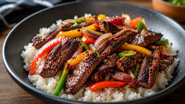 Delicious Grilled Beef Steak Fajitas Served over White Rice with Colorful Bell Peppers