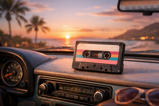 Vintage Cassette Tape Resting on Vintage Car Dashboard against Ocean Sunset View