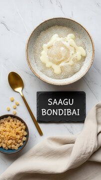 Overhead View of Maldivian Saagu Bondibai Sago Pudding with Chalkboard Sign on Light Stone