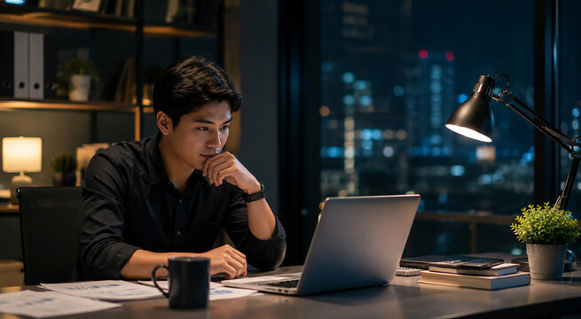 Young Asian Professional Man Working Late at Night in Modern City Office