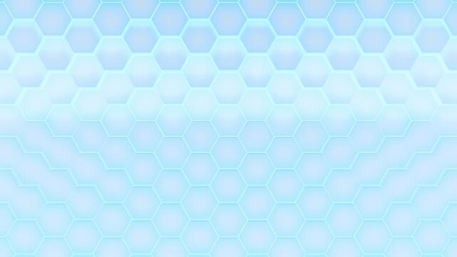Blue background of patterned hexagons. Smooth wave of 3d rendered glowing hex shapes creating a bright visual of gentle wave motion for an abstract background presentation template. 3d render Loop.
