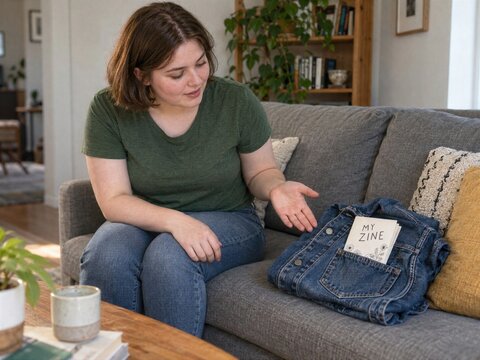 Woman Sitting on a Sofa Looking at a Zine in a Denim Jacket Pocket