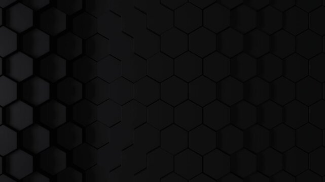 Black background of patterned hexagons. Smooth wave 3d rendered hex shapes creating a visual of sleek shadowy motion for an abstract background presentation template with a dark tone. 3d render Loop.